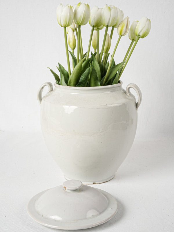 Antique French white confit pot w/ cover - Pyrenees 11½