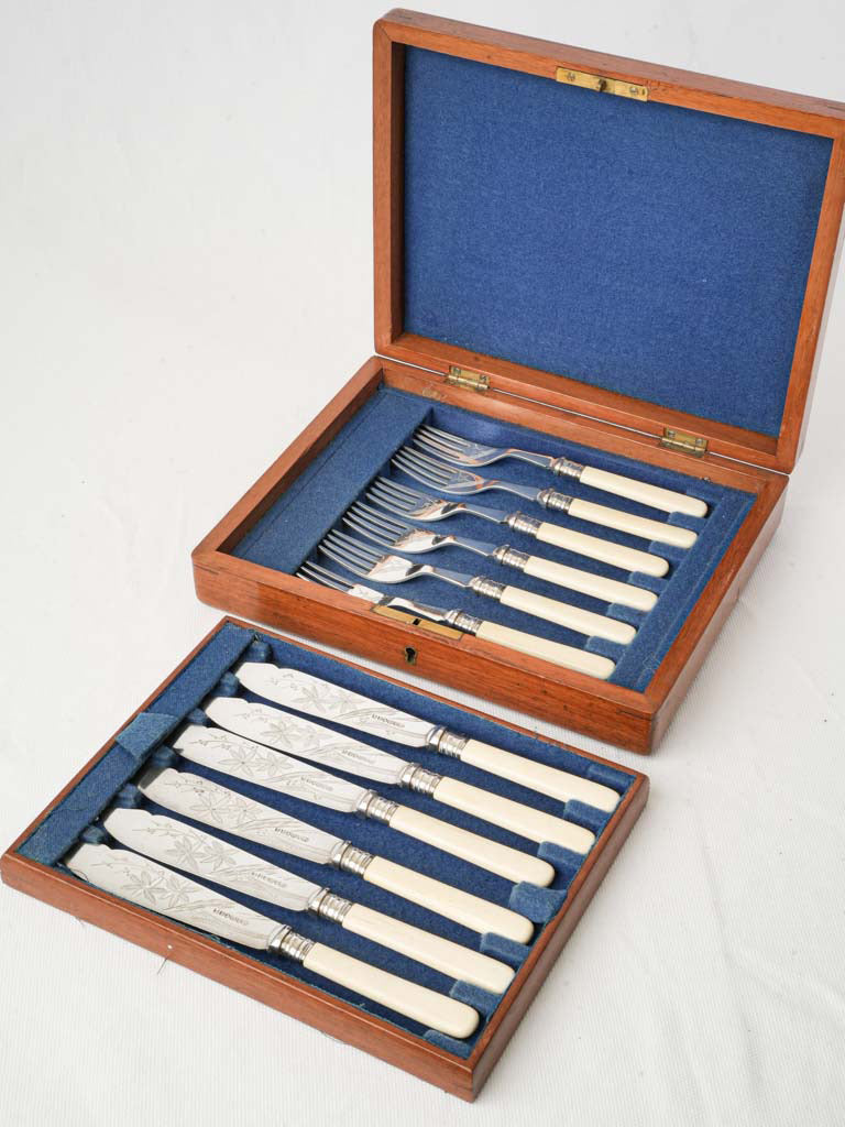 Victorian Fish Service for Six w/ Engraved Blades in Original Velvet-Lined Case