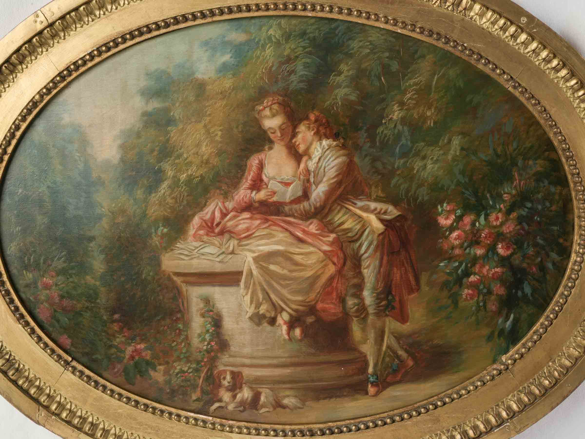 Romantic Pair of Early 20th-Century French Oval Oils w/ Scènes Galantes - 27½" x 35½"
