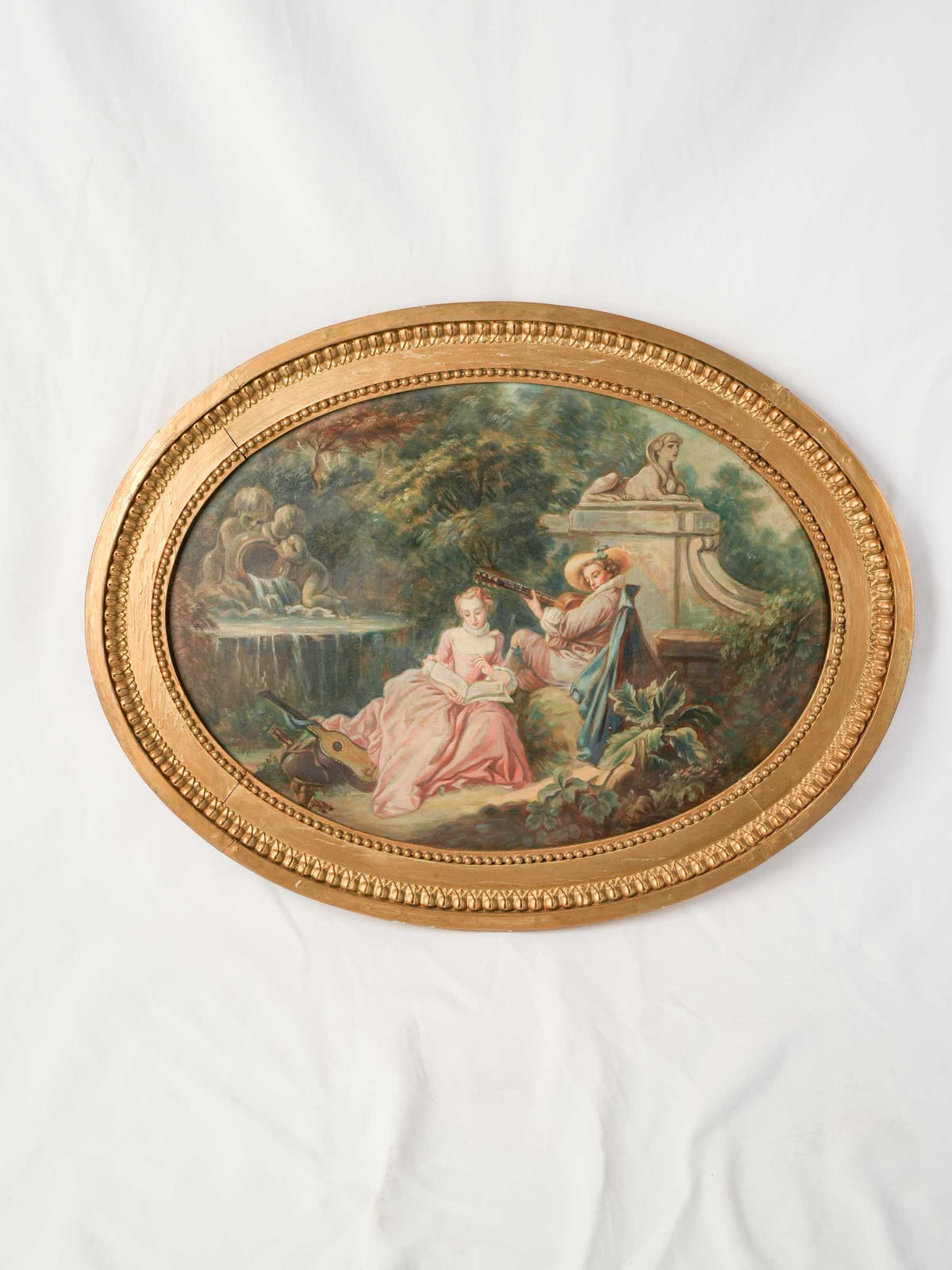 Romantic Pair of Early 20th-Century French Oval Oils w/ Scènes Galantes - 27½" x 35½"