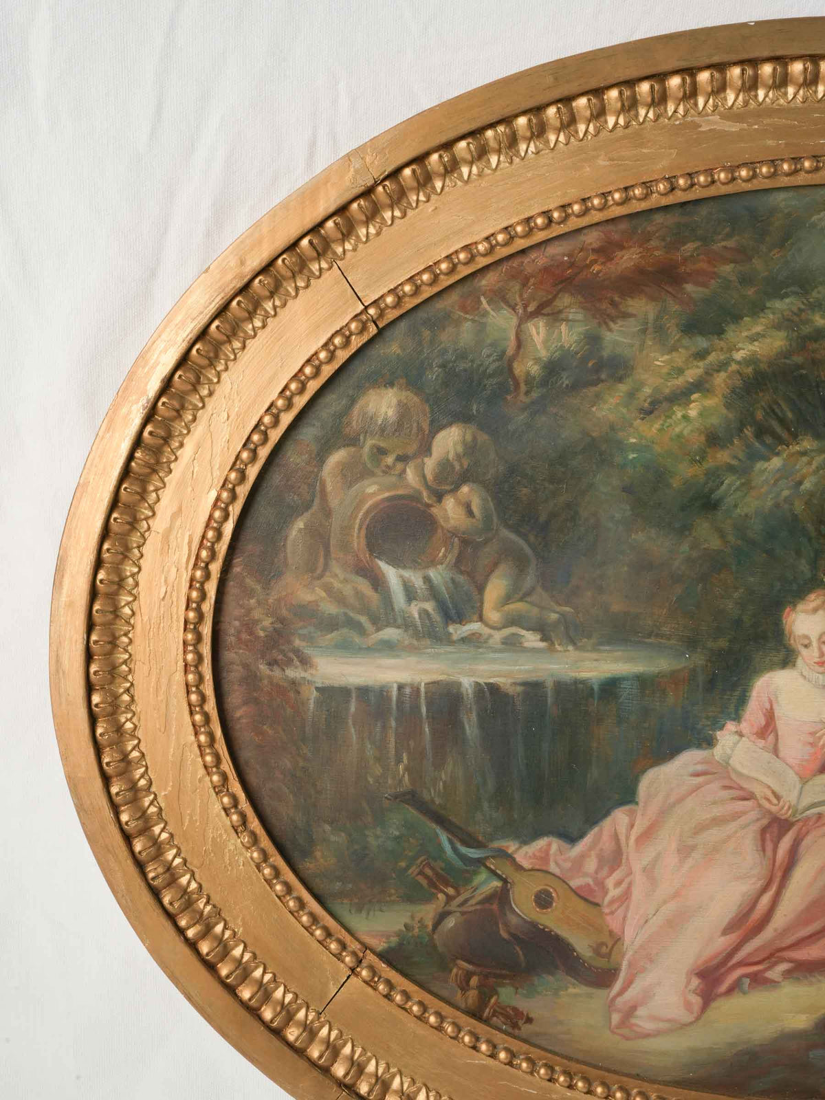 Romantic Pair of Early 20th-Century French Oval Oils w/ Scènes Galantes - 27½" x 35½"