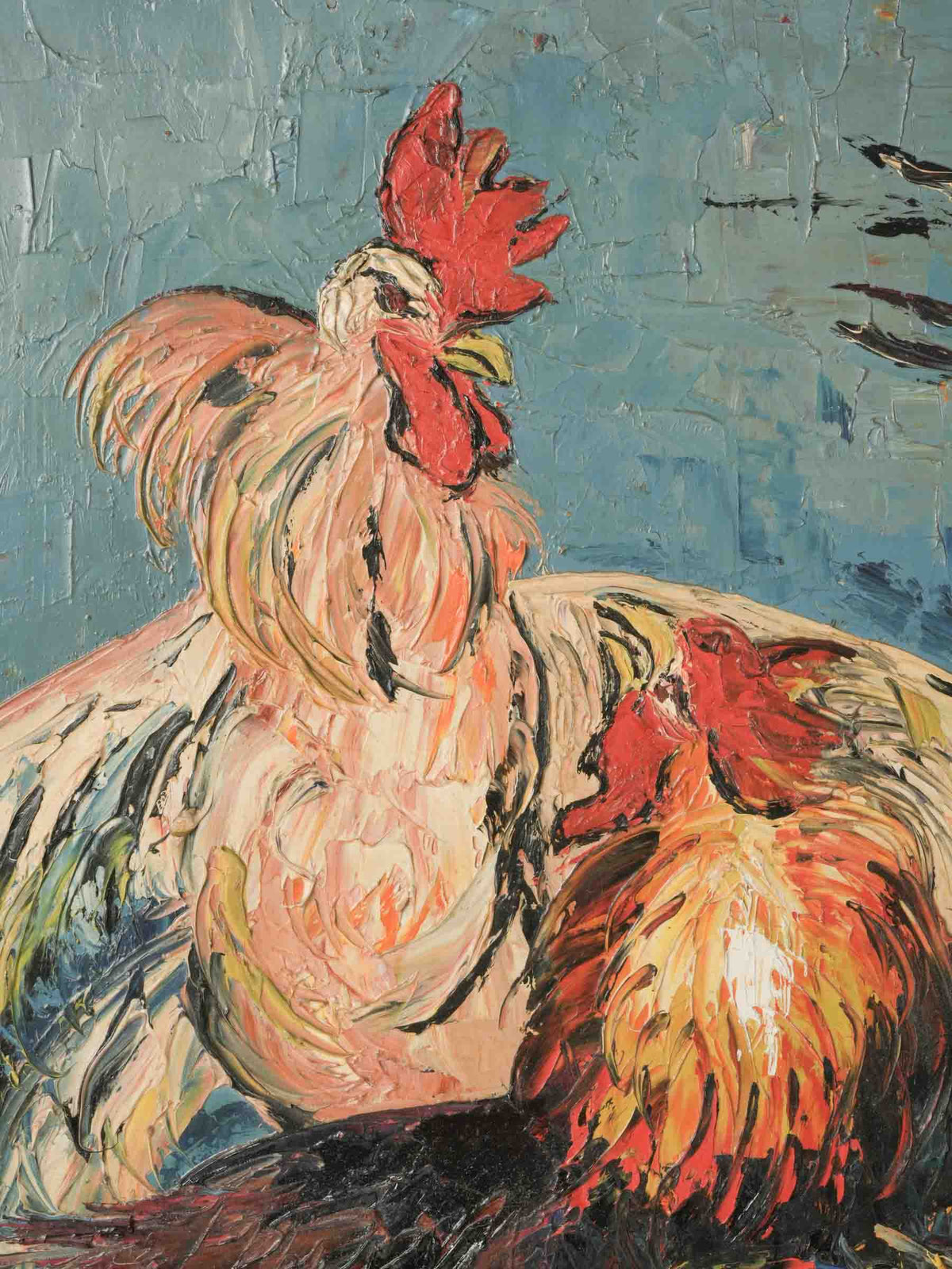 Lively 1964 Palette-Knife Oil on Panel of Two Roosters - 33" x 25¼"
