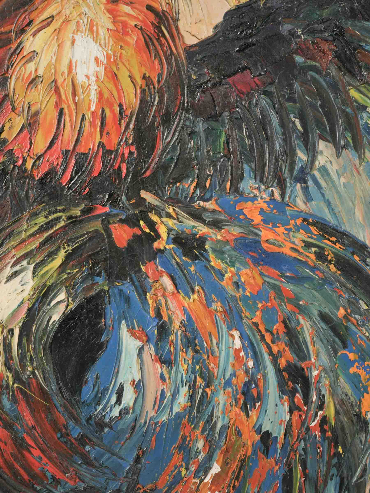Lively 1964 Palette-Knife Oil on Panel of Two Roosters - 33" x 25¼"