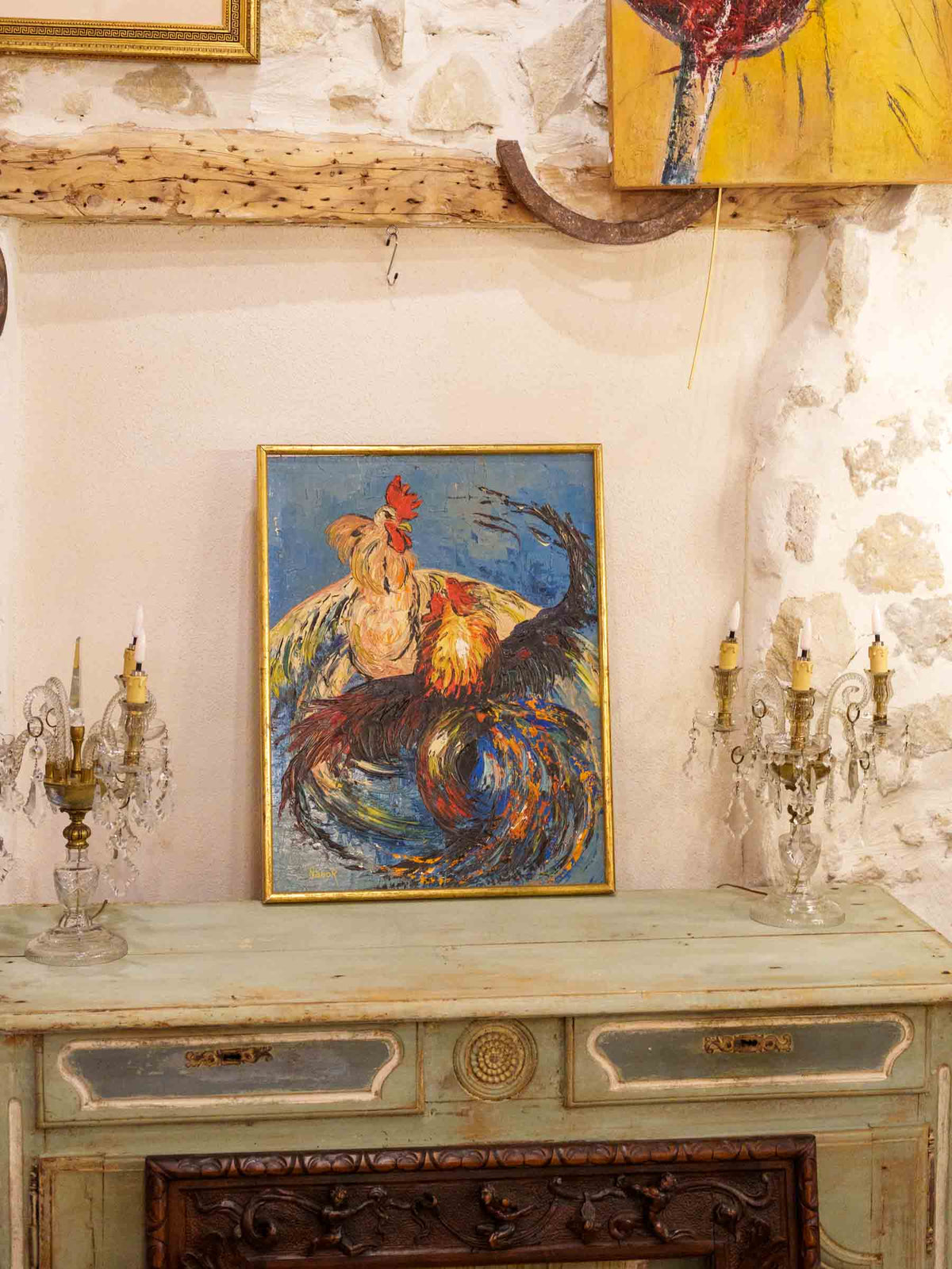Lively 1964 Palette-Knife Oil on Panel of Two Roosters - 33" x 25¼"