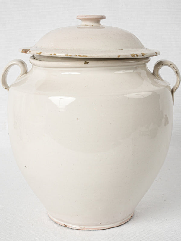 Antique fully glazed white confit pot w/ top 11"