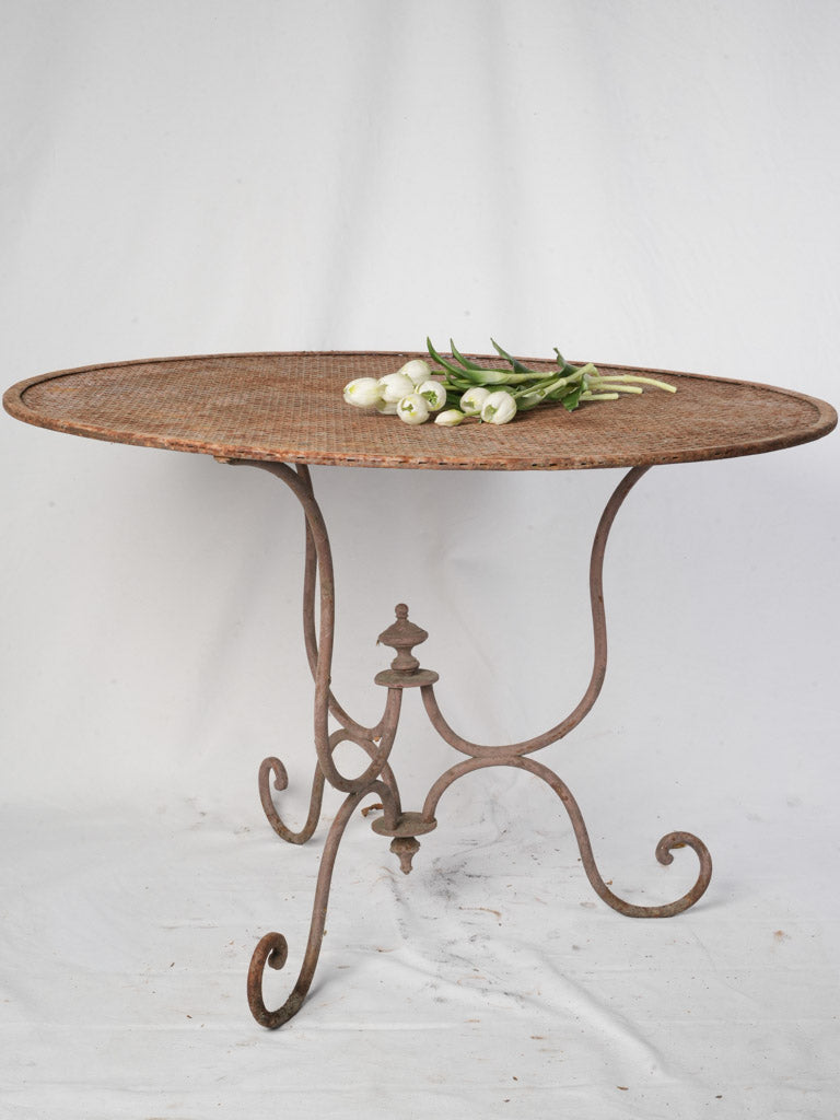 Late 19th Century French Wrought Iron Garden Table w/ Scrolling Base and Faux-Caning Top - 40¼"