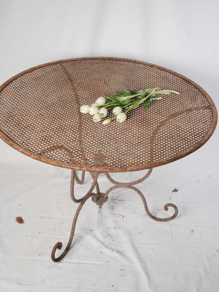 Late 19th Century French Wrought Iron Garden Table w/ Scrolling Base and Faux-Caning Top - 40¼"