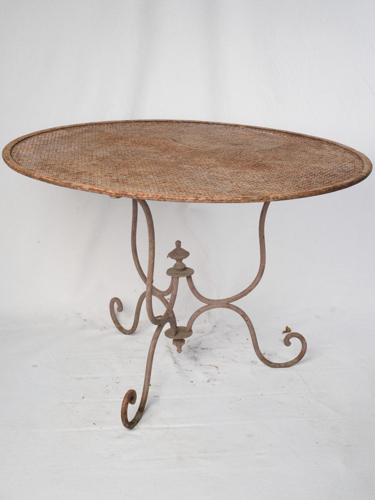 Late 19th Century French Wrought Iron Garden Table w/ Scrolling Base and Faux-Caning Top - 40¼"