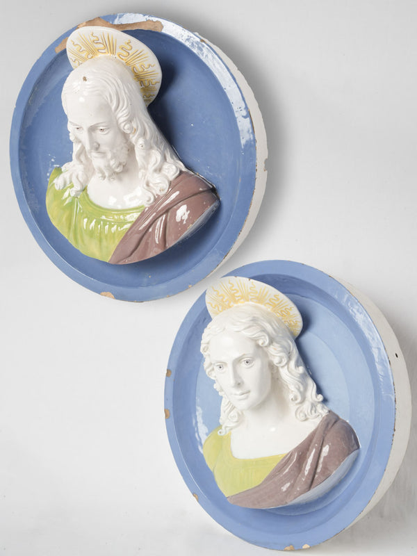 Pair of large religious glazed terracotta exterior wall sculptures - Christ and Saint John