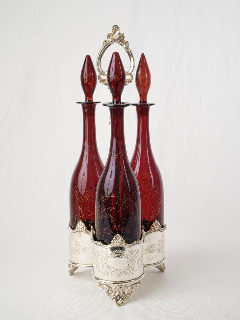 Striking Edwardian Silver-Plated Liqueur Set w/ Three Ruby Glass Decanters - 19¼"