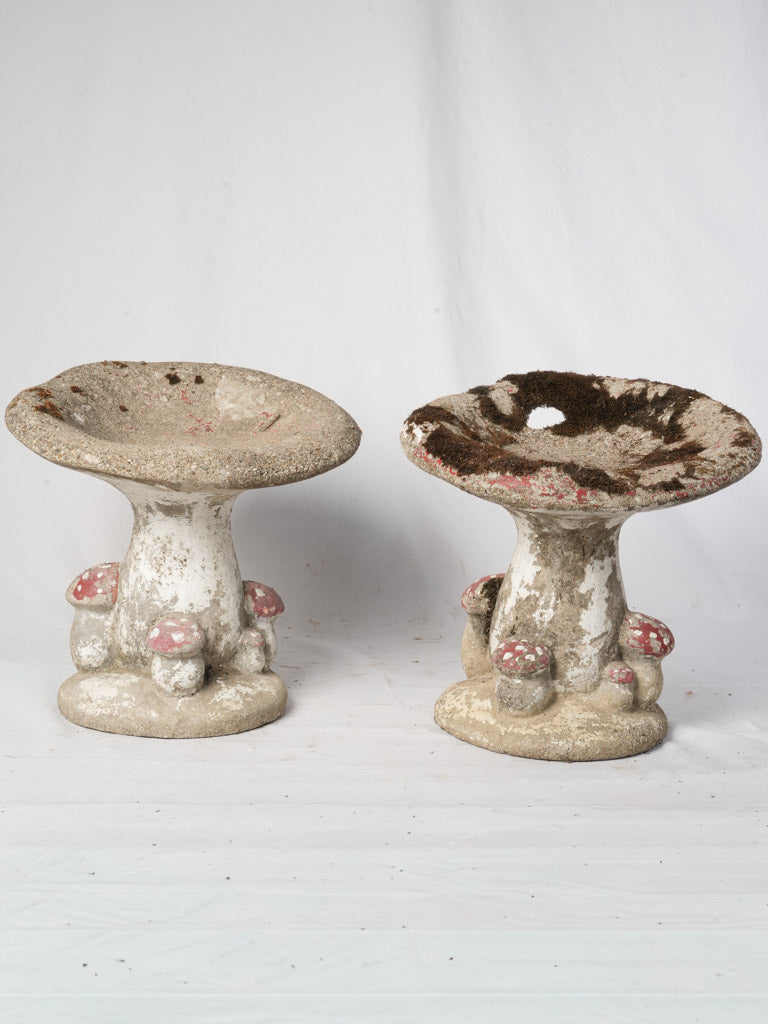 Pair of Mid-20th Century French Concrete Mushroom Garden Stools w/ Moss Patina - 21¼"