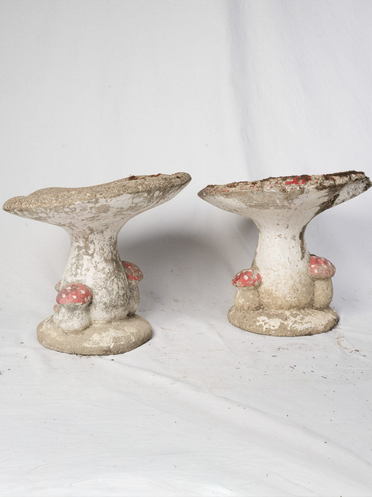 Pair of Mid-20th Century French Concrete Mushroom Garden Stools w/ Moss Patina - 21¼"