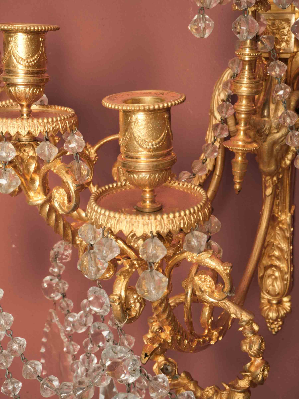 Exceptional Pair of French Gilt-Bronze and Crystal Wall Sconces with Ram’s-Head Decoration, Late 19th-Century- 19" x 21¼"