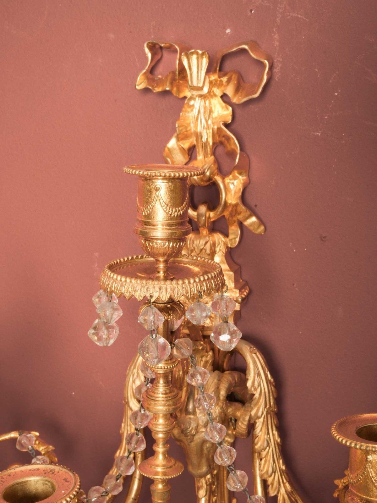 Exceptional Pair of French Gilt-Bronze and Crystal Wall Sconces with Ram’s-Head Decoration, Late 19th-Century- 19" x 21¼"