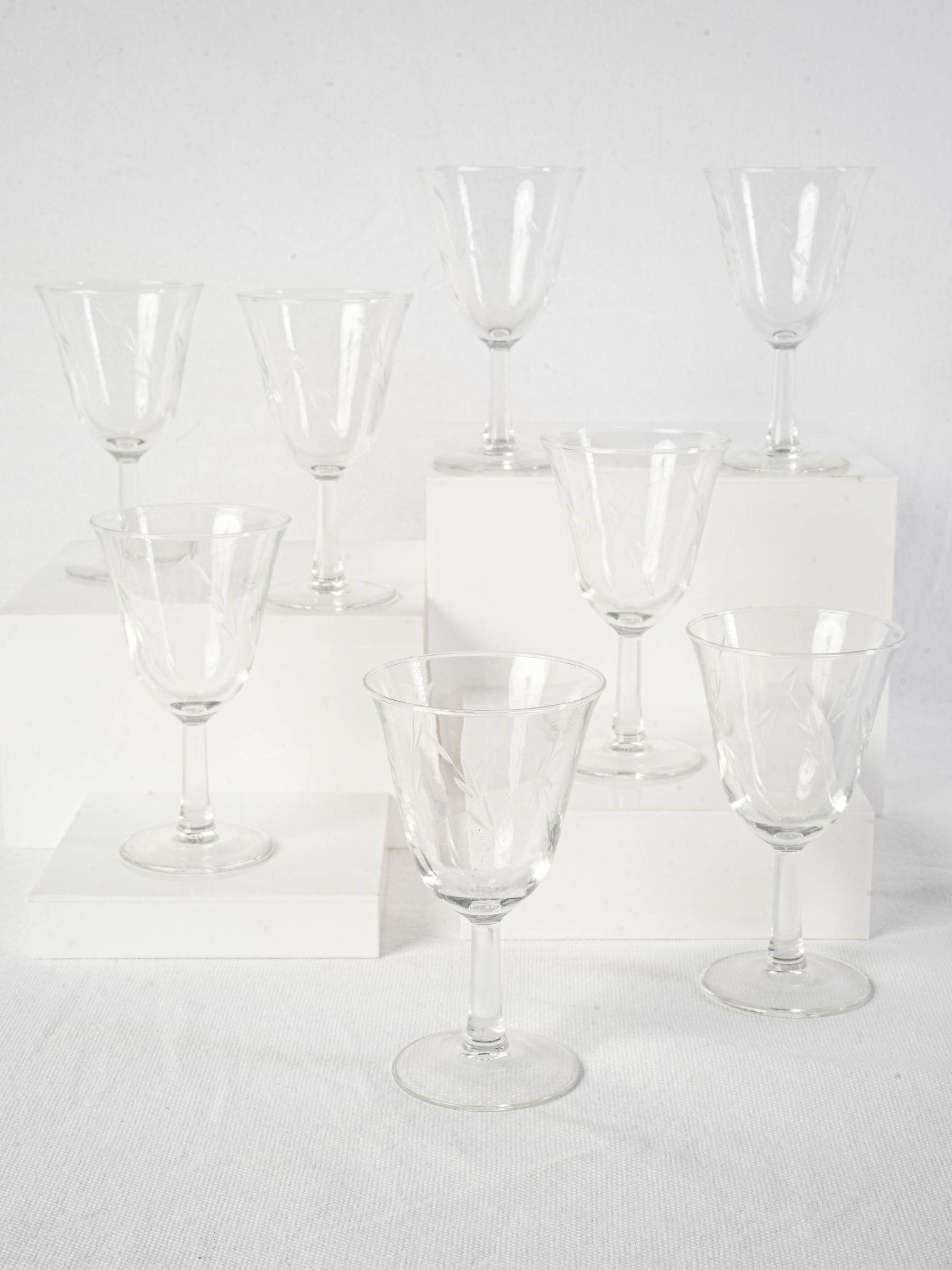Set of Eight Mid-Century Wine Glasses with Delicate Engraved Sprigs - 5"