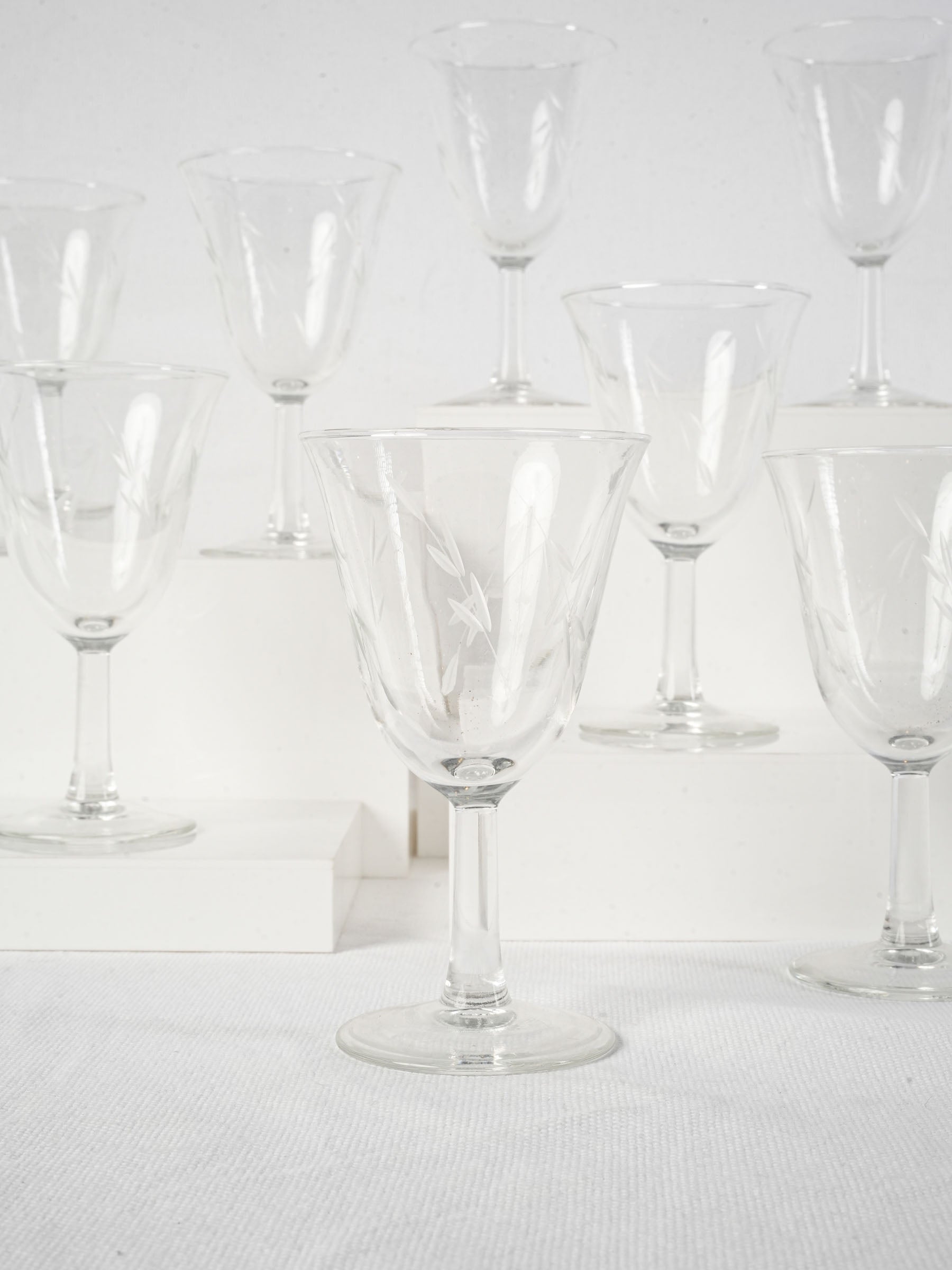 Set of Eight Mid-Century Wine Glasses with Delicate Engraved Sprigs - 5"