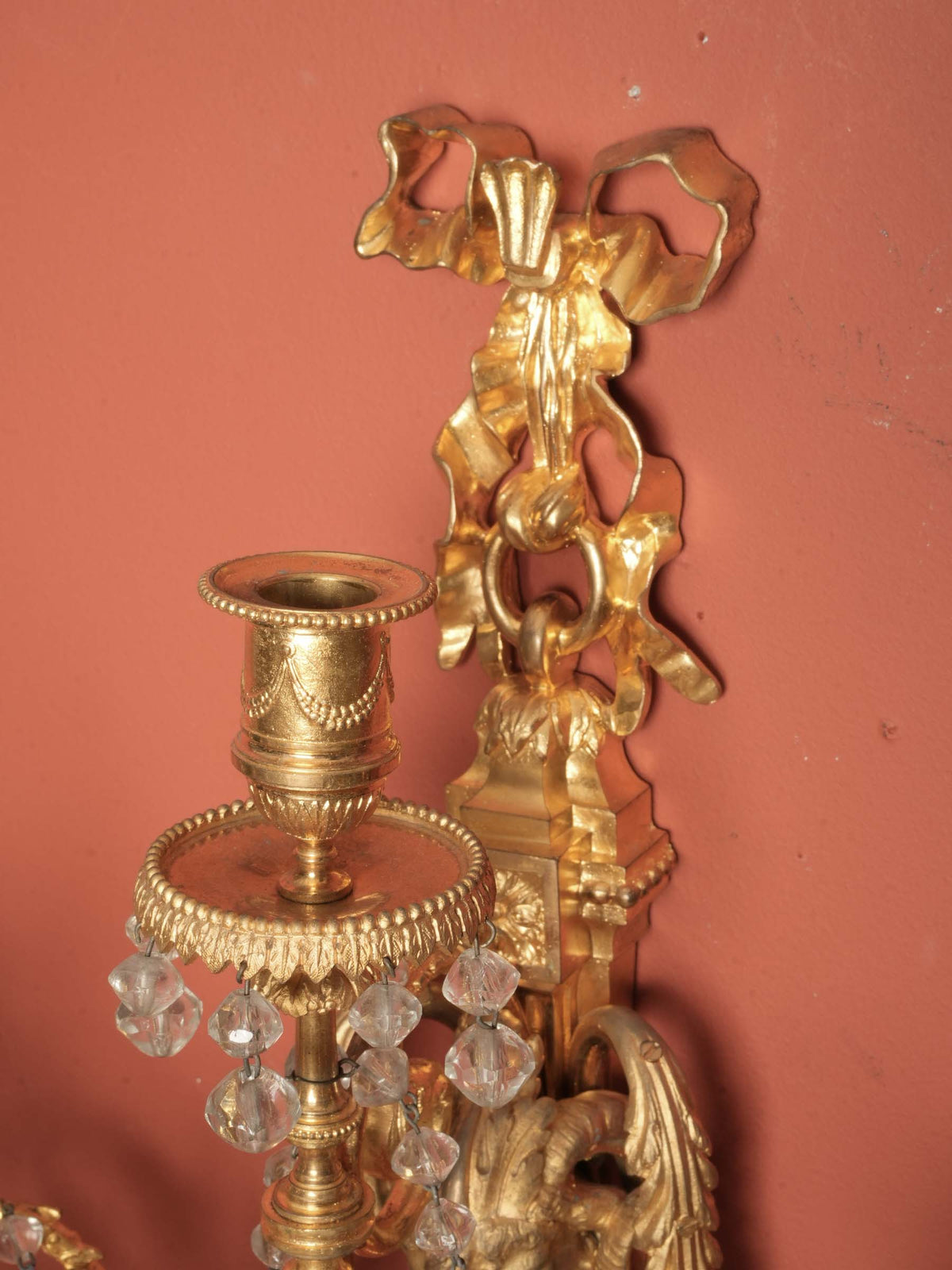 Exceptional Pair of French Gilt-Bronze and Crystal Wall Sconces with Ram’s-Head Decoration, Late 19th-Century- 19" x 21¼"