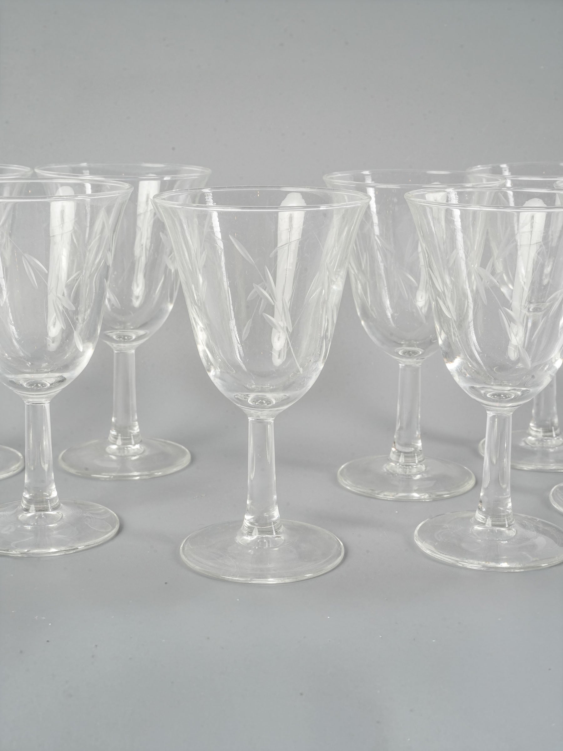 Set of Eight Mid-Century Wine Glasses with Delicate Engraved Sprigs - 5"