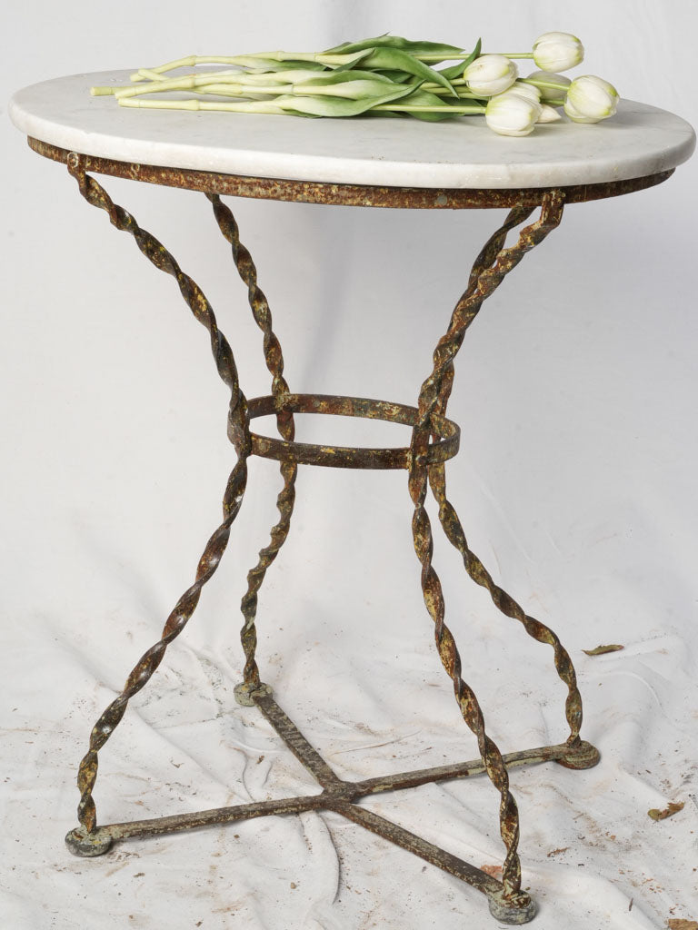 Late 19th Century French Wrought Iron Garden Guéridon w/ Twisted Legs and White Marble Top - 28¾"