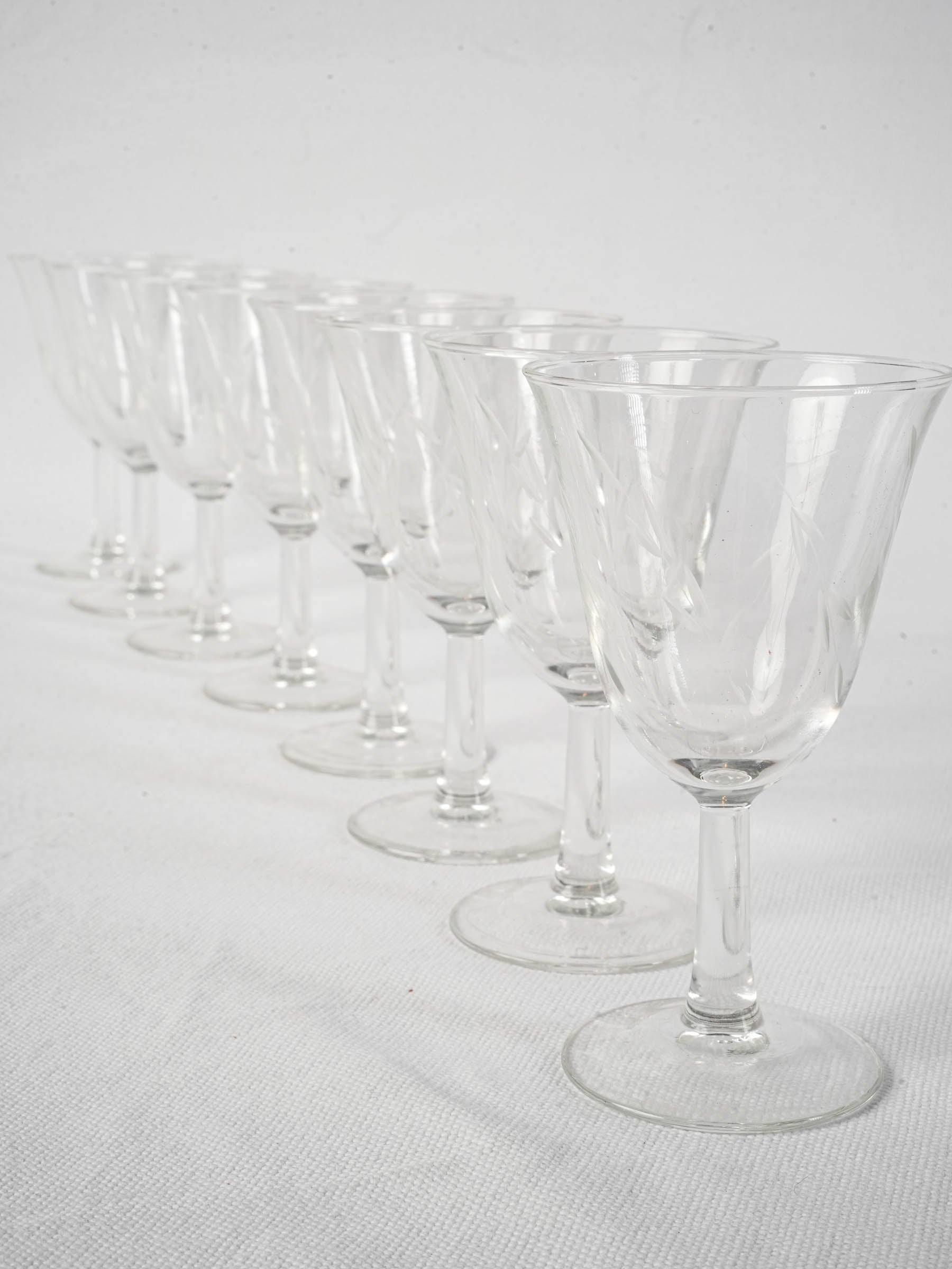 Set of Eight Mid-Century Wine Glasses with Delicate Engraved Sprigs - 5"