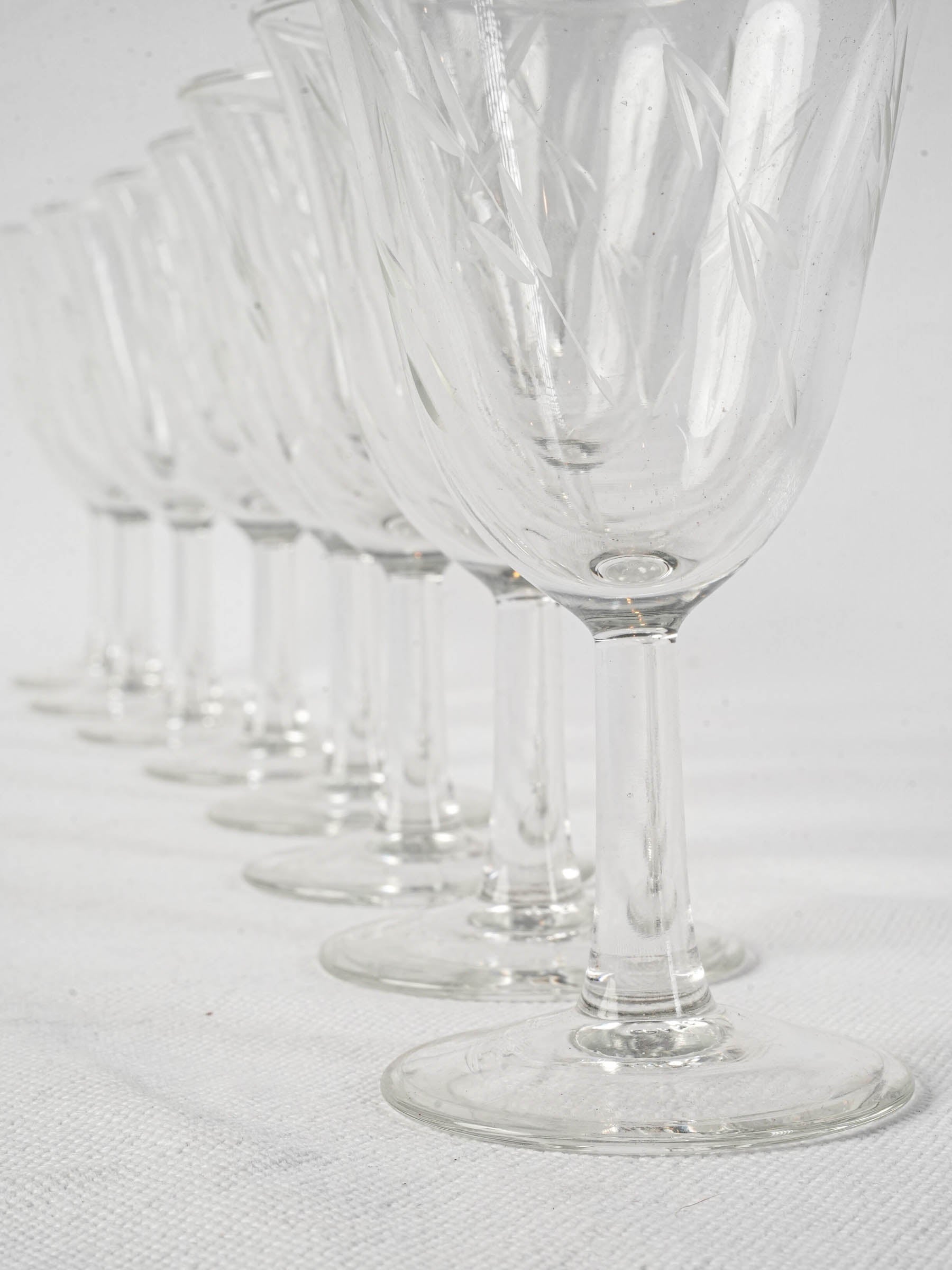 Set of Eight Mid-Century Wine Glasses with Delicate Engraved Sprigs - 5"