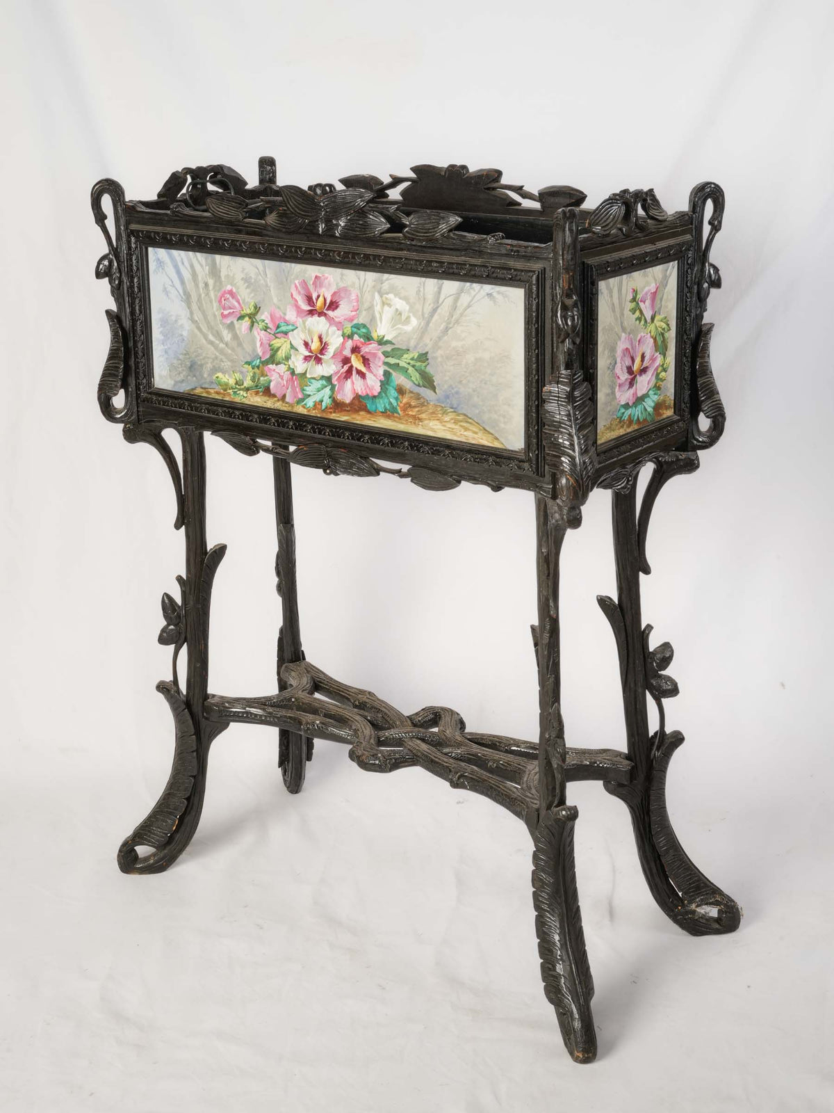 Antique French Jardinière w/ Sculpted Ebonized Wood Frame and Hand-Painted Ceramic Panels - 39½" x 32¾"
