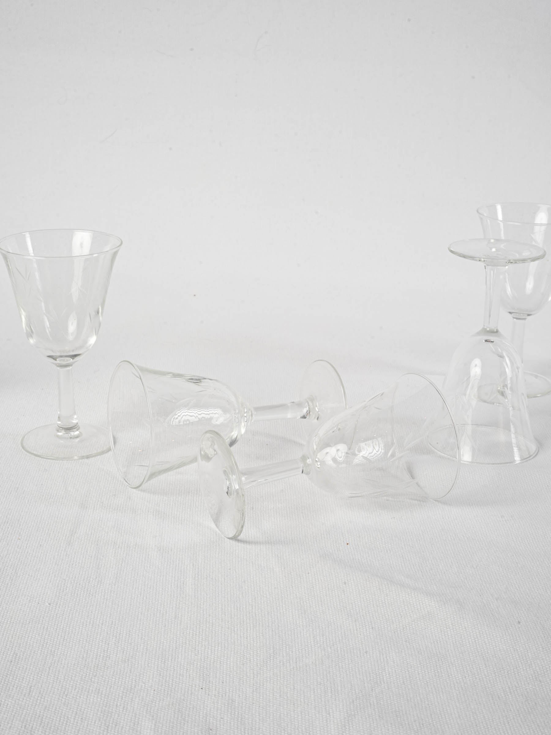 Set of Eight Mid-Century Wine Glasses with Delicate Engraved Sprigs - 5"