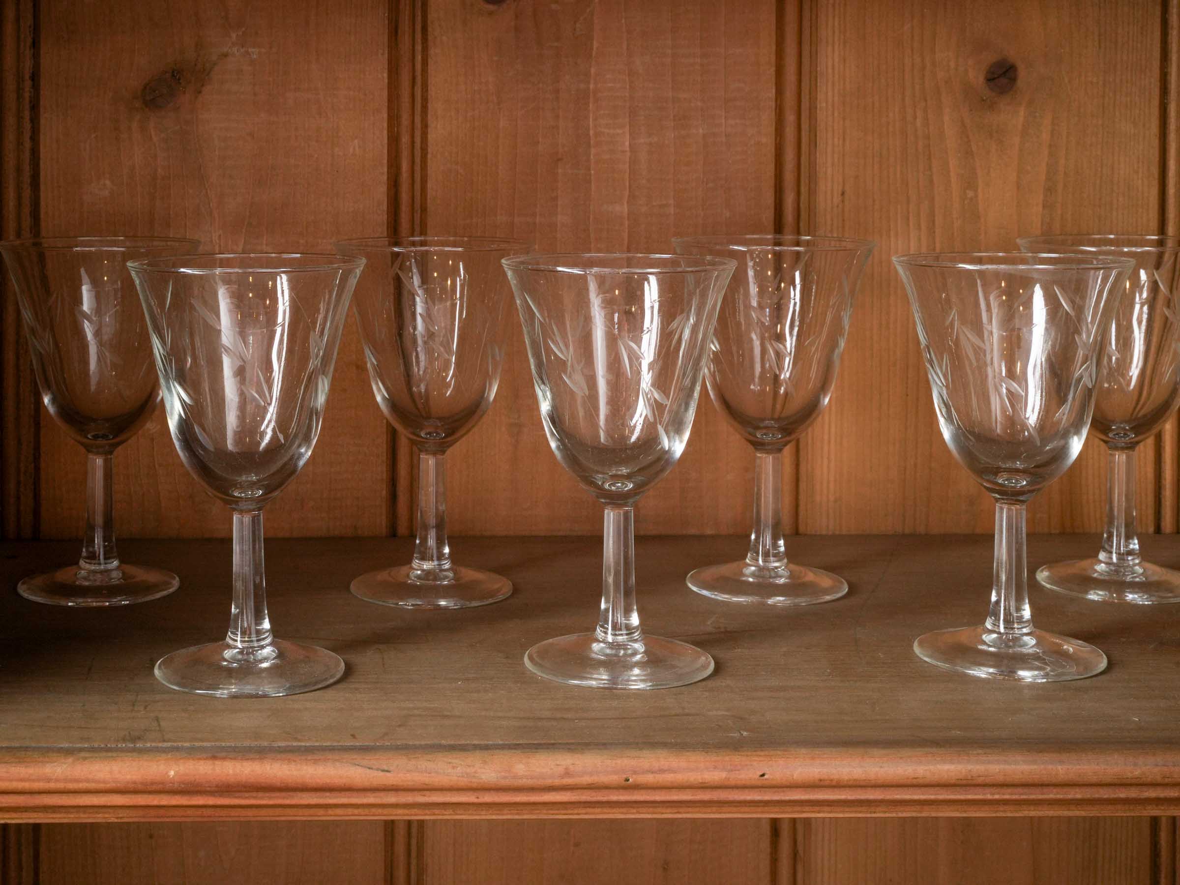 Set of Eight Mid-Century Wine Glasses with Delicate Engraved Sprigs - 5"