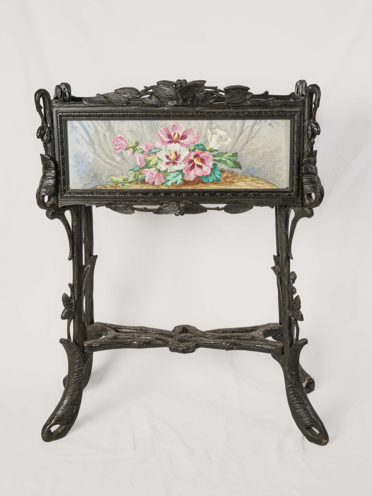 Antique French Jardinière w/ Sculpted Ebonized Wood Frame and Hand-Painted Ceramic Panels - 39½" x 32¾"