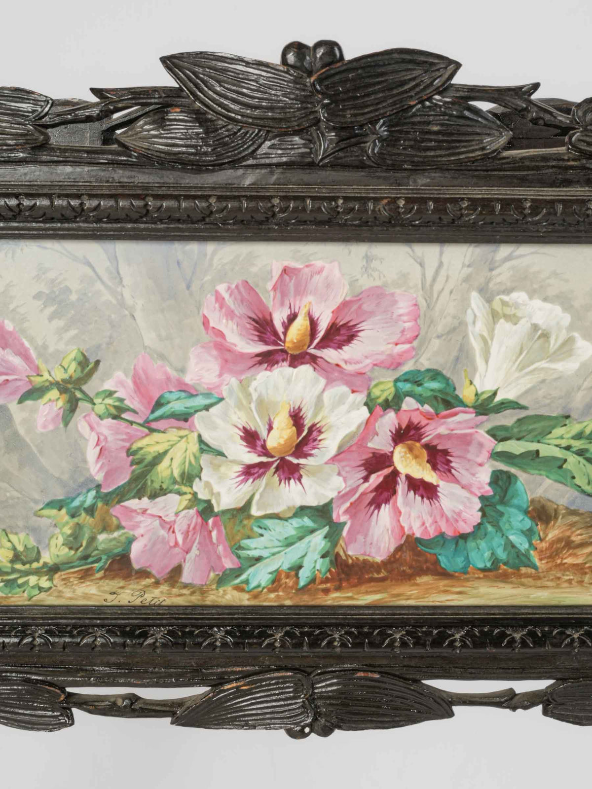 Antique French Jardinière w/ Sculpted Ebonized Wood Frame and Hand-Painted Ceramic Panels - 39½" x 32¾"