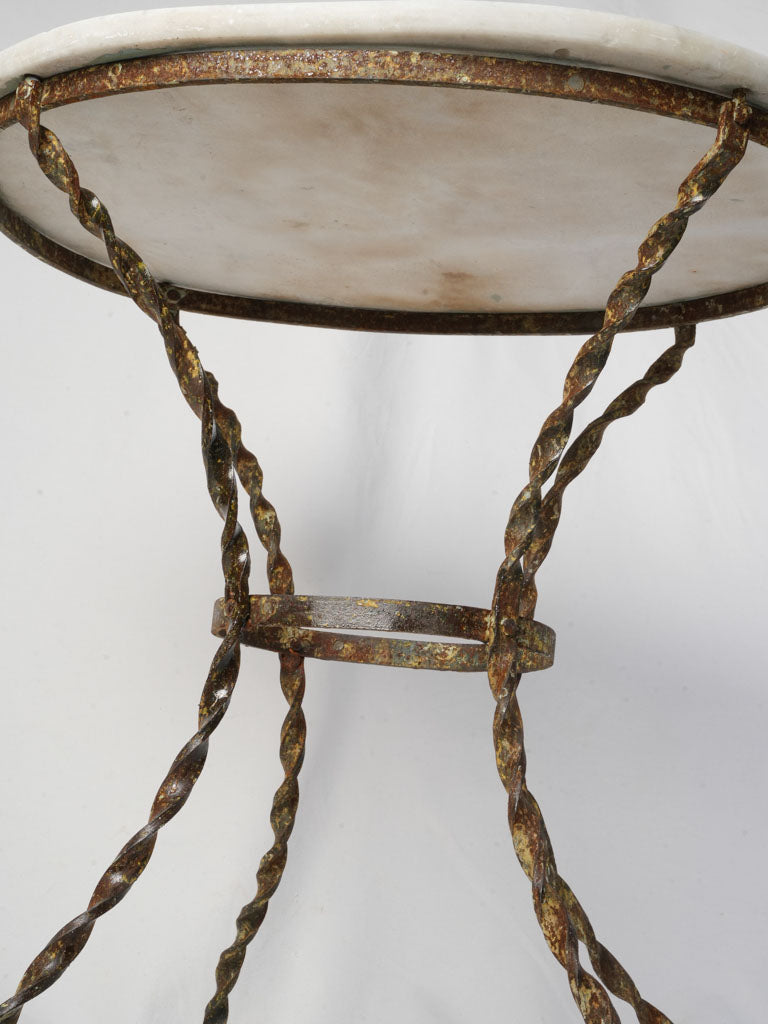 Late 19th Century French Wrought Iron Garden Guéridon w/ Twisted Legs and White Marble Top - 28¾"