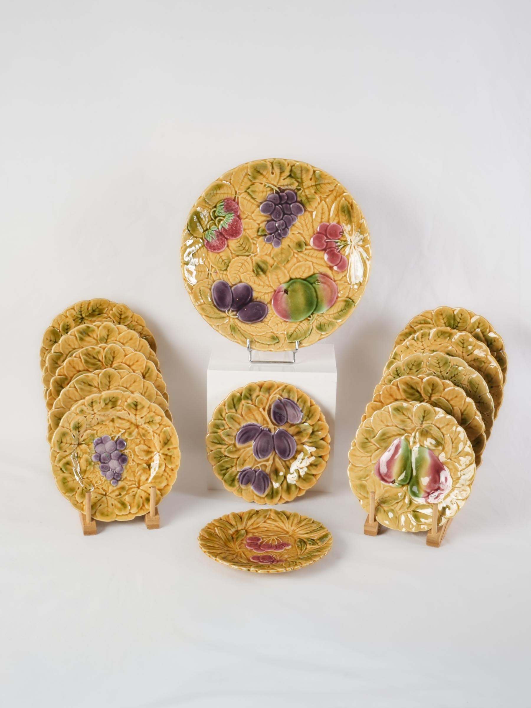 Set of 12 Sarreguemines Majolica Dessert Plates & Matching Serving Dish - 8"