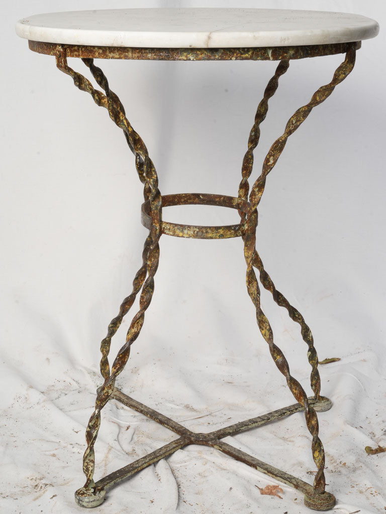 Late 19th Century French Wrought Iron Garden Guéridon w/ Twisted Legs and White Marble Top - 28¾"