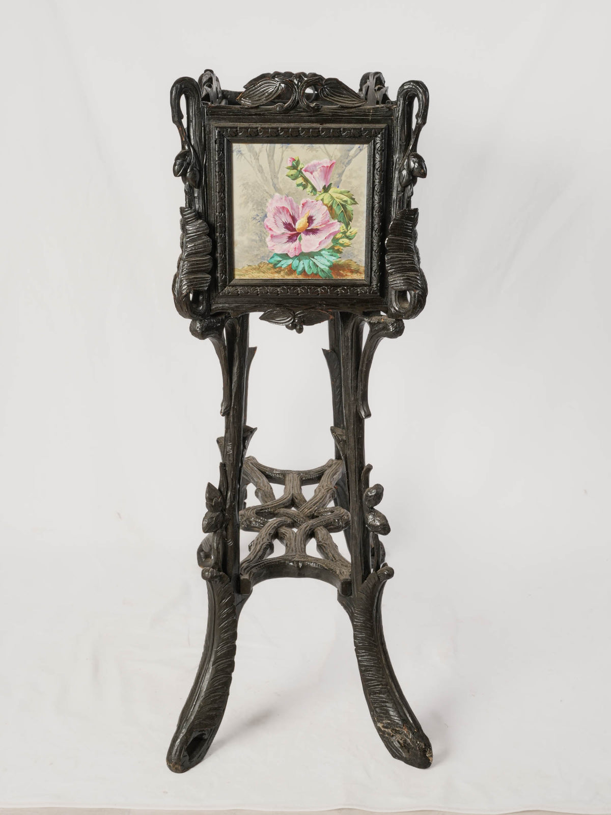 Antique French Jardinière w/ Sculpted Ebonized Wood Frame and Hand-Painted Ceramic Panels - 39½" x 32¾"