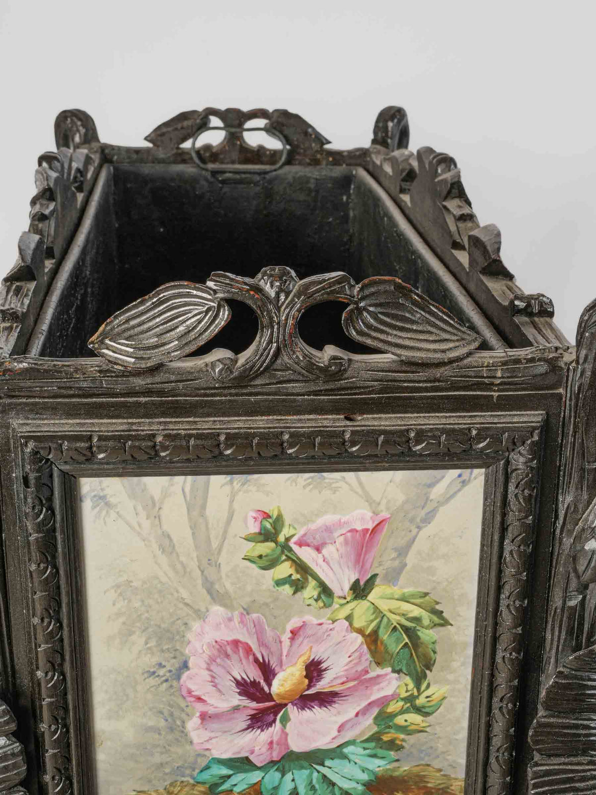 Antique French Jardinière w/ Sculpted Ebonized Wood Frame and Hand-Painted Ceramic Panels - 39½" x 32¾"
