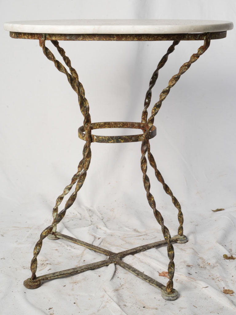Late 19th Century French Wrought Iron Garden Guéridon w/ Twisted Legs and White Marble Top - 28¾"