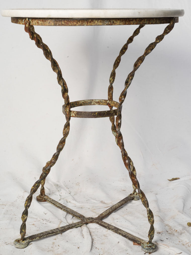 Late 19th Century French Wrought Iron Garden Guéridon w/ Twisted Legs and White Marble Top - 28¾"