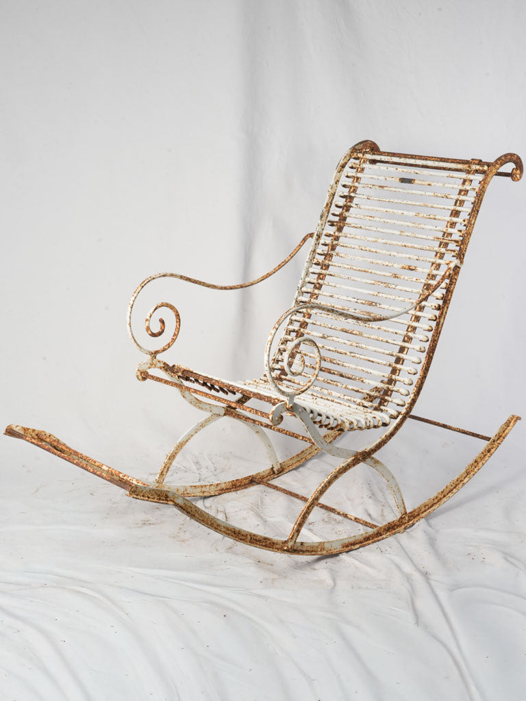 Rare 1970s Arras Wrought Iron Rocking Chair w/ Distressed White Patina - 37½"