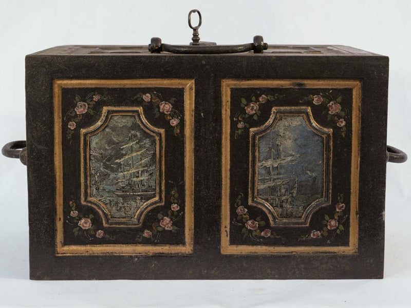 Rose-embellished, antique French iron safe