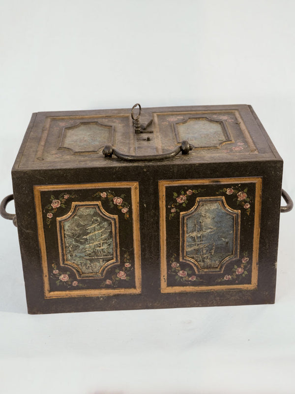 Delicate, rose-adorned French iron safe box