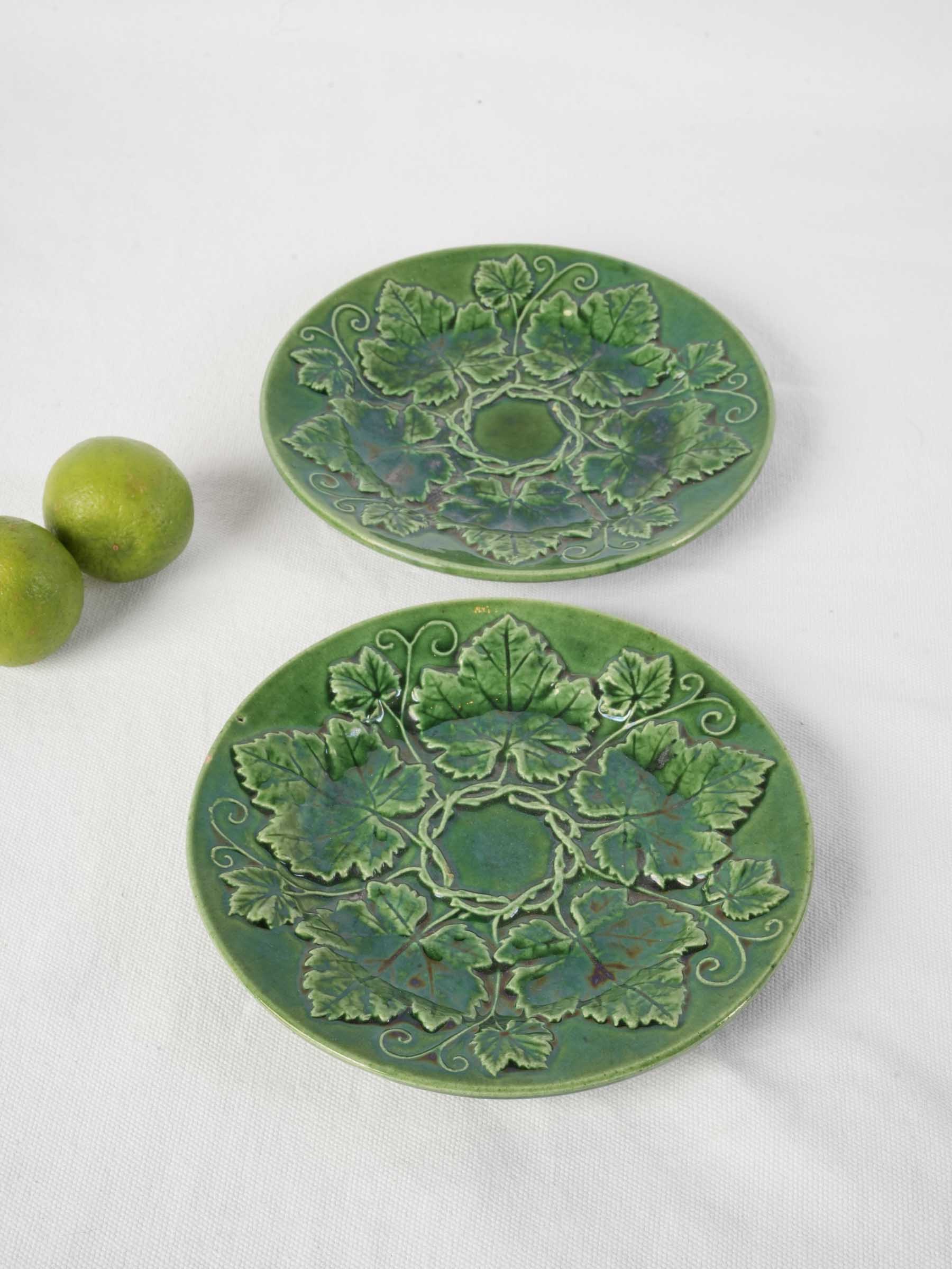 Pair of Antique Provençal Majolica Plates in Rich Green Glaze w/ Grapevine Relief - 8¼"