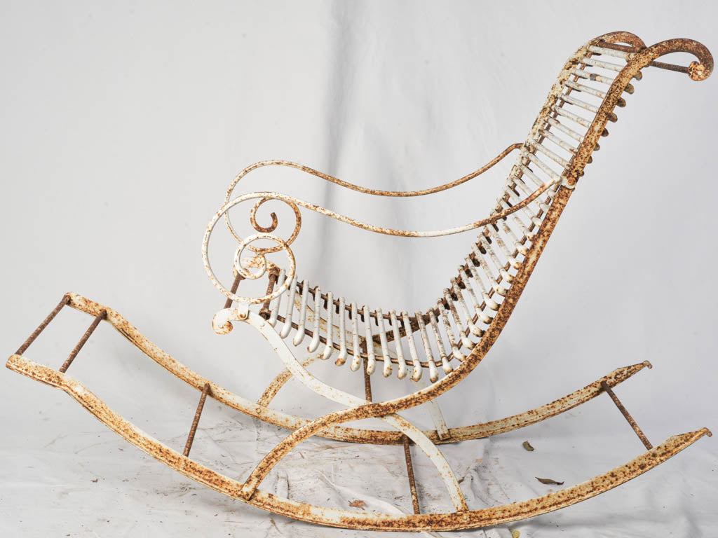 Rare 1970s Arras Wrought Iron Rocking Chair w/ Distressed White Patina - 37½"
