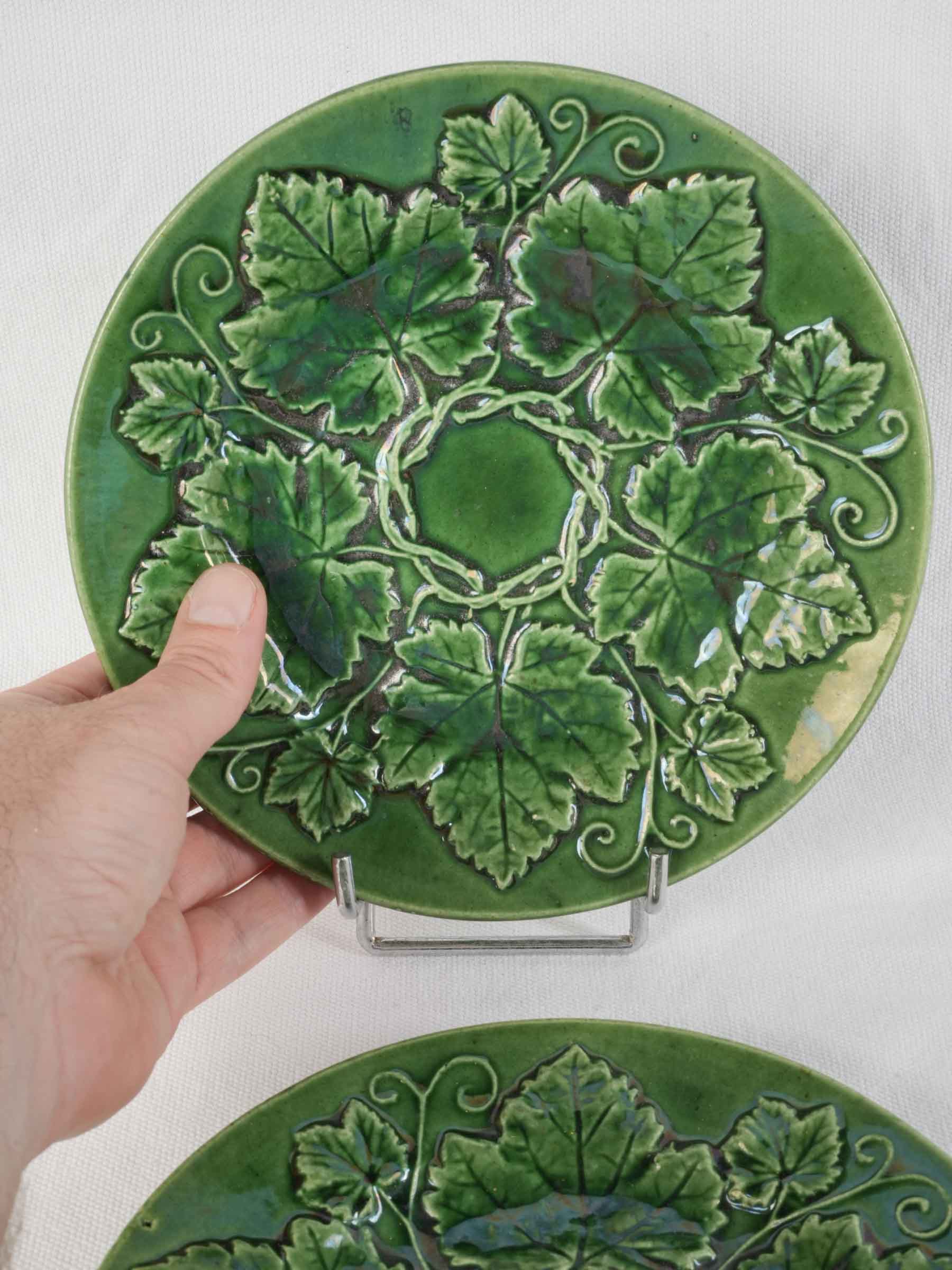 Pair of Antique Provençal Majolica Plates in Rich Green Glaze w/ Grapevine Relief - 8¼"