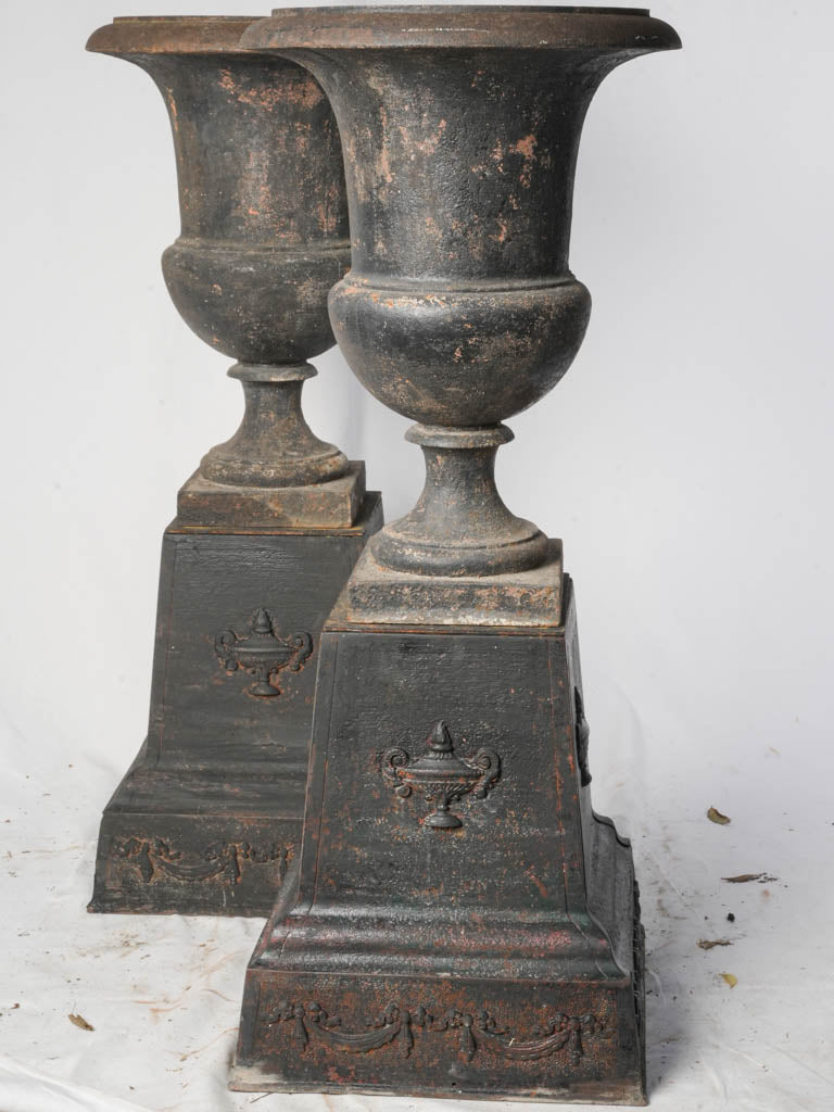 Striking Pair of Early 19th Century Cast Iron Médicis Urns on Bases w/ Black Finish - 39½"