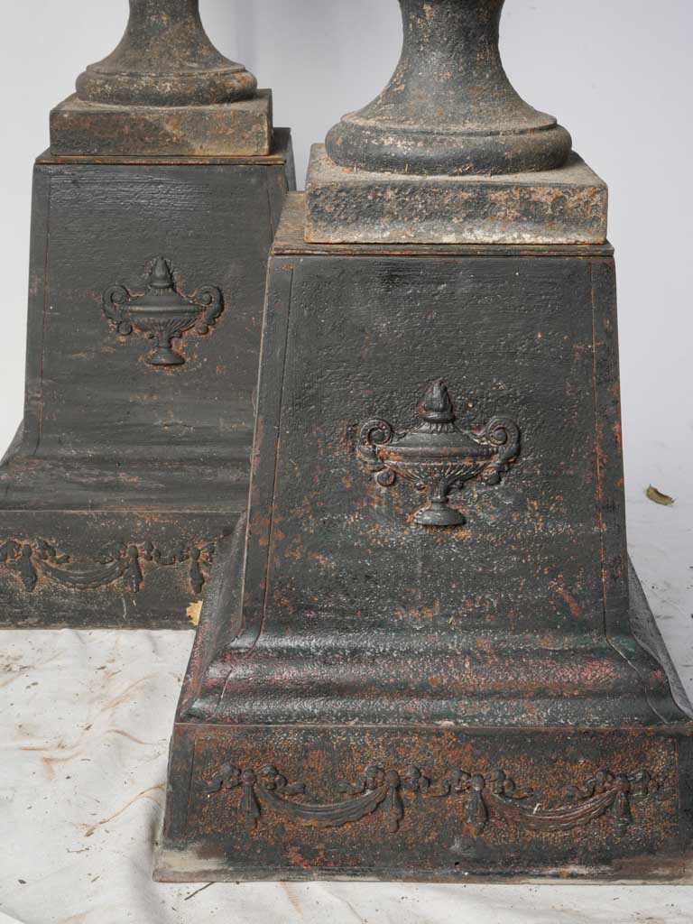 Striking Pair of Early 19th Century Cast Iron Médicis Urns on Bases w/ Black Finish - 39½"