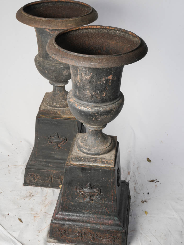 Striking Pair of Early 19th Century Cast Iron Médicis Urns on Bases w/ Black Finish - 39½"