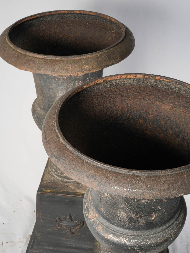 Striking Pair of Early 19th Century Cast Iron Médicis Urns on Bases w/ Black Finish - 39½"
