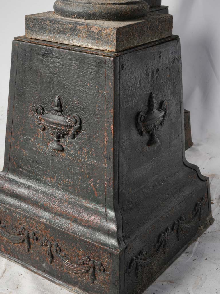 Striking Pair of Early 19th Century Cast Iron Médicis Urns on Bases w/ Black Finish - 39½"