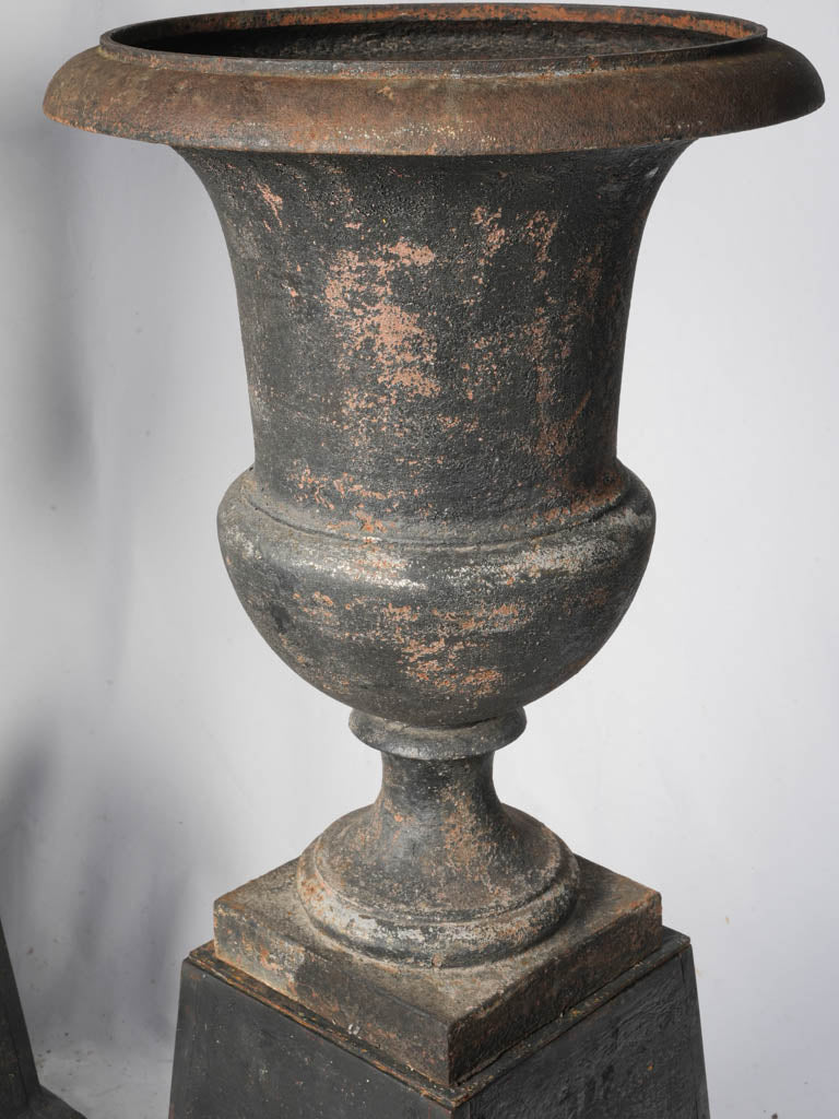 Striking Pair of Early 19th Century Cast Iron Médicis Urns on Bases w/ Black Finish - 39½"