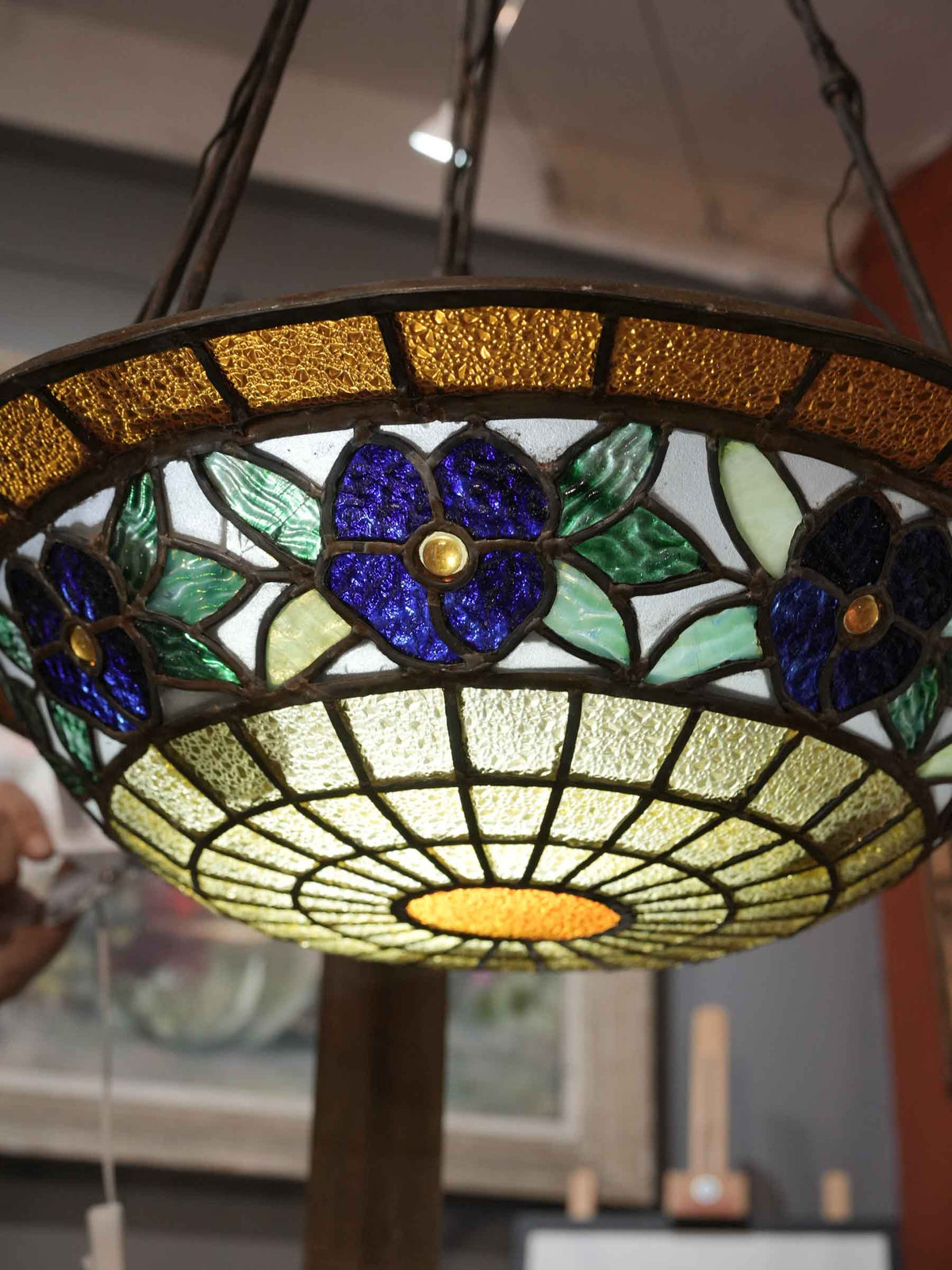 Early 20th-Century French Tiffany-Style Stained-Glass Pendant Light - 35¾"